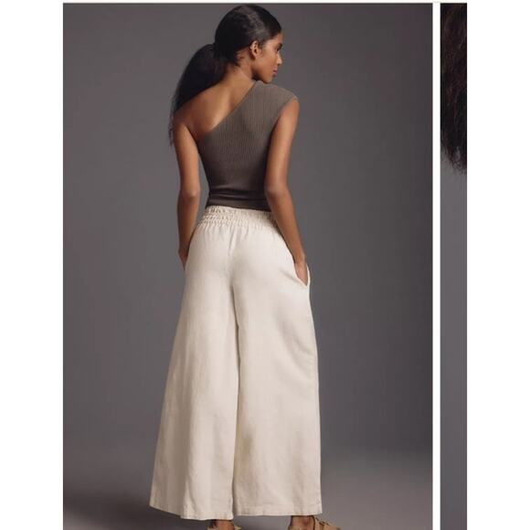 Anthropologie The Somerset Beige Linen Pull-On Wide Leg Pants Med Lagenlook - Picture 2 of 7